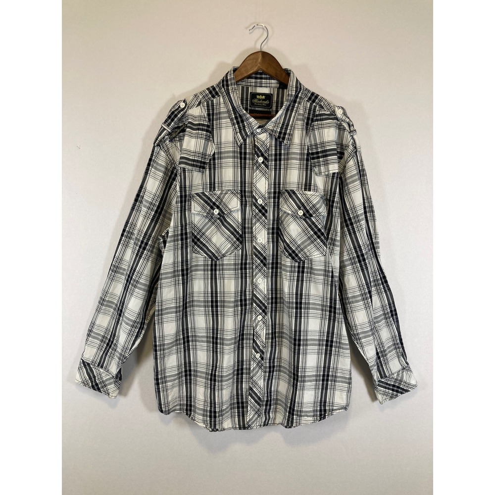 Streetwear Akademiks Mens 3XL Black White Plaid Epaulette Button Down Shirt